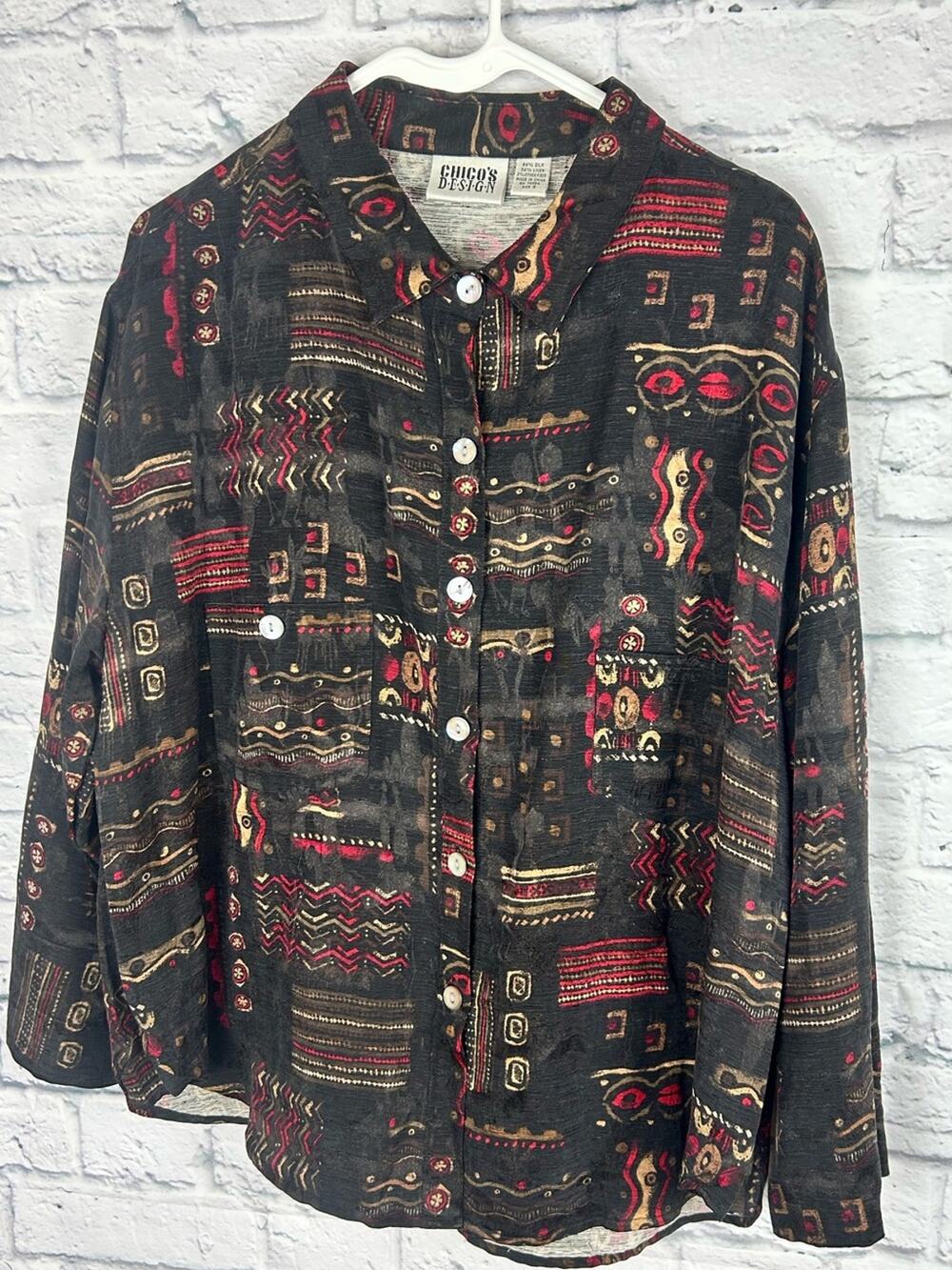 Vintage Chico’s Design Silk Linen Abstract Tribal Print Blouse Size 3